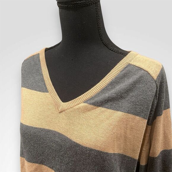 GANT Cotton Cashmere V-Neck Pullover Sweater Jumper Tan Gray Stripe Men's Large - Picture 2 of 7
